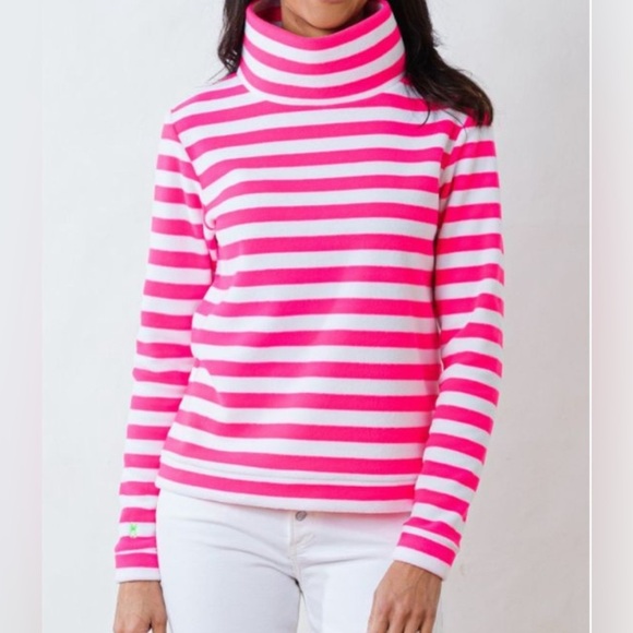 Dudley Stephens Park Slope Fleece Pullover Pink White Stripes Large Turtleneck - Picture 9 of 9